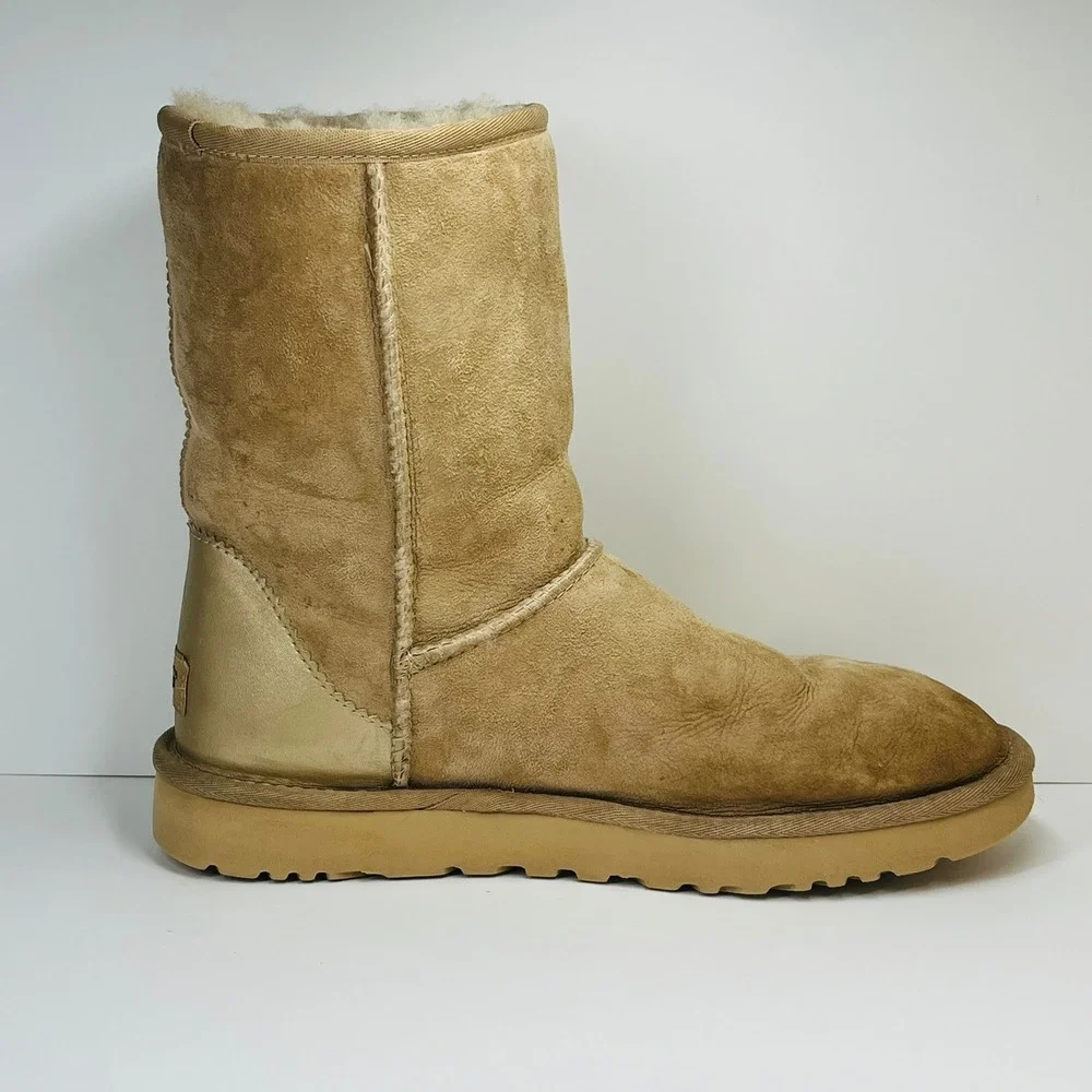 UGG Classic Short Metallic Heel Boots Women Size 10 Sand Gold Suede 1019030